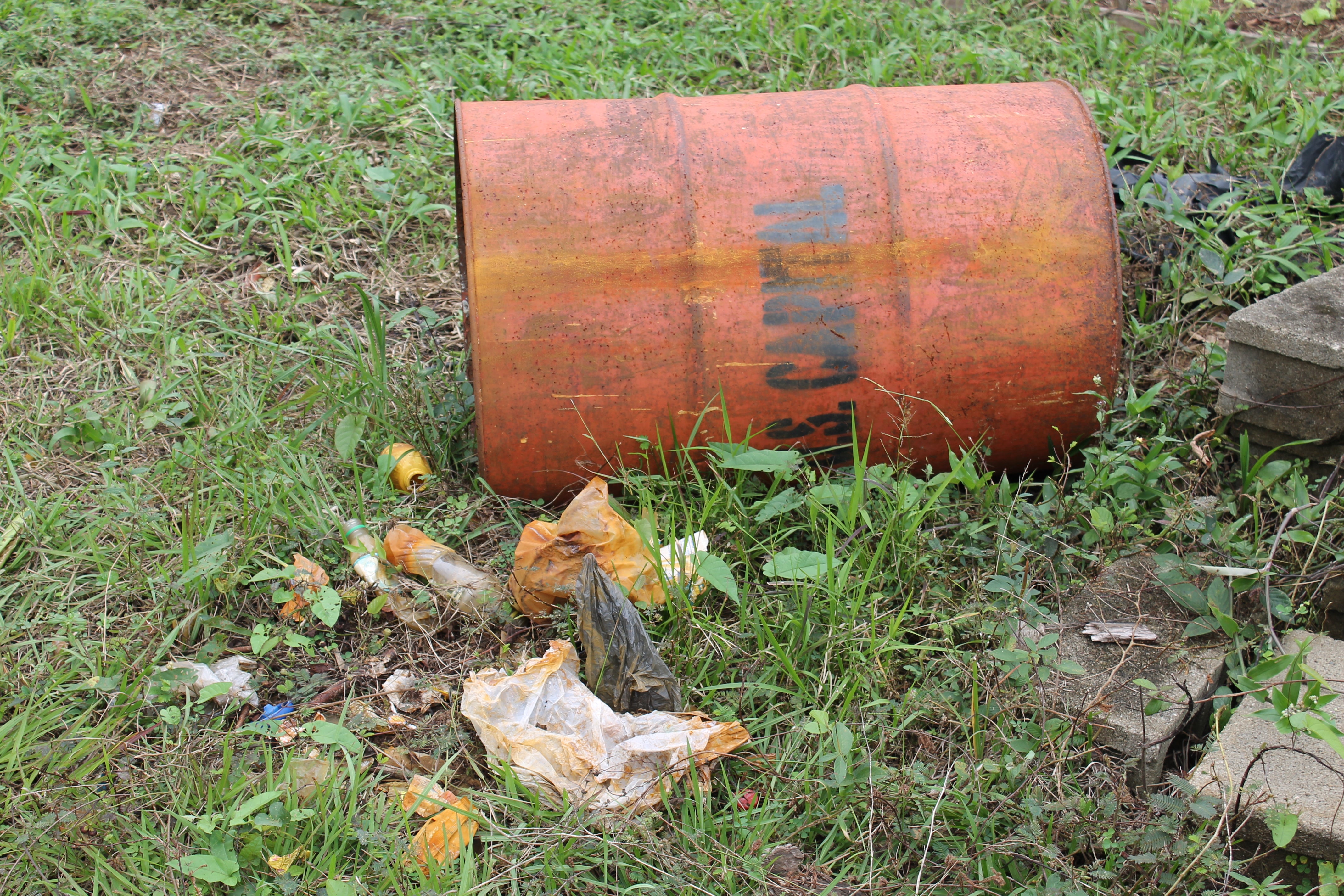 Discarded oil drum from US Capital Energy, in village of Conejo, Toledo, Belize