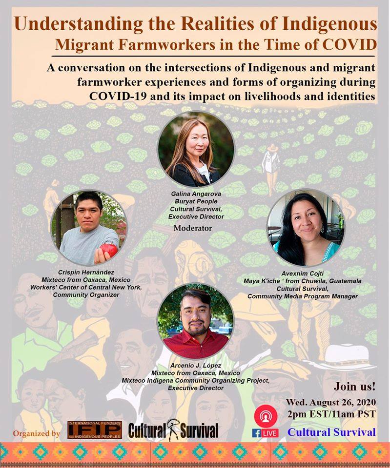 Photos of panelists on a background painting of farmworkers.