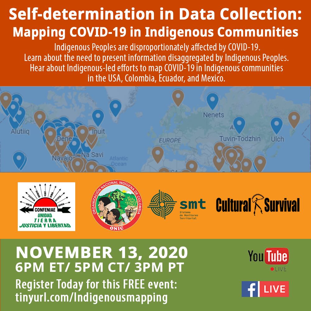 This image shows a map of the world and an orange background. Text reads "Self Determination in Data Collection: Mapping COVID in Indigenous Communities"