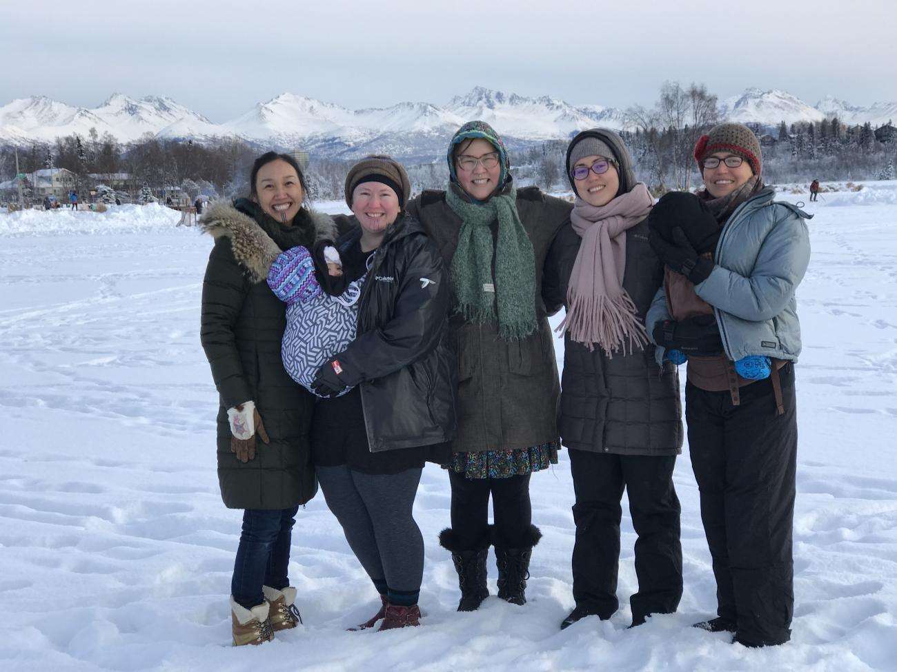 Alaska Native Birthworkers Community founders enjoying a winter day in Anchorage. (L-R): Charlene Apok, Olga Lucason, Stacey Lucason, Abra Patkotak, Helena Jacobs,Tala David, Margaret David. Photo by EJ David.
