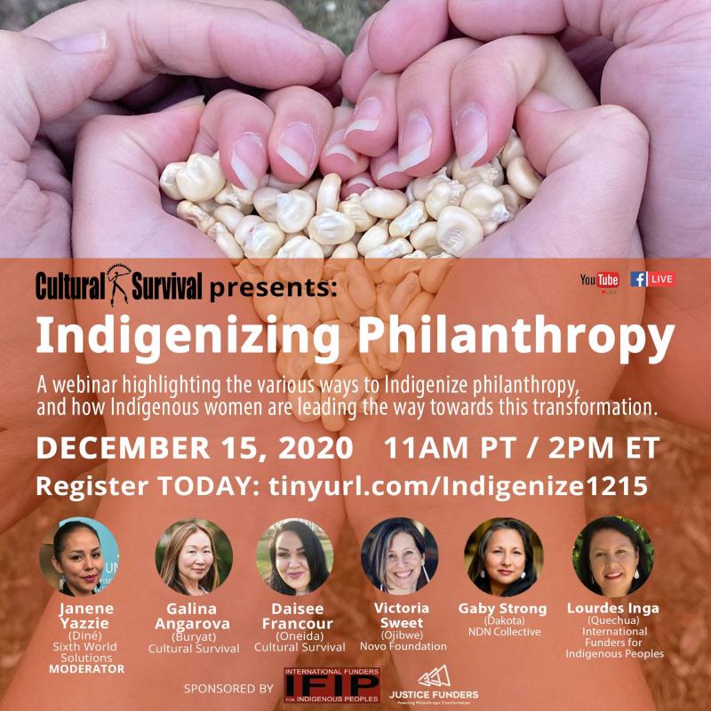 Two pairs of hands holding corn kernels with the words "Indigenizing Philanthropy." 