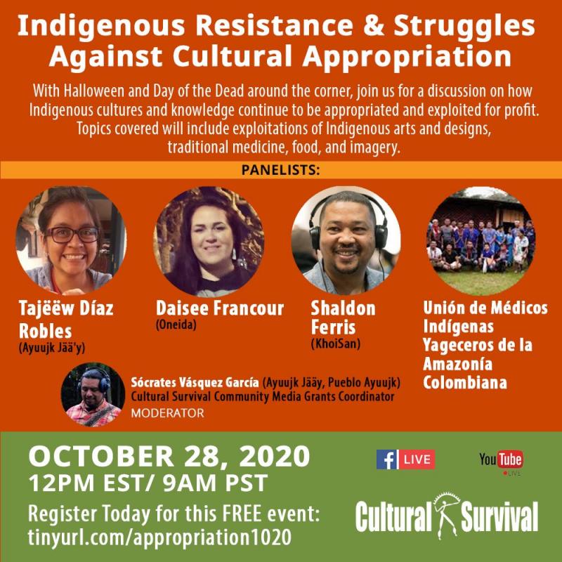 Orange background with the text "Indigenous Resistance & Struggles Against Cultural Appropriation." Photos of panel members displayed.