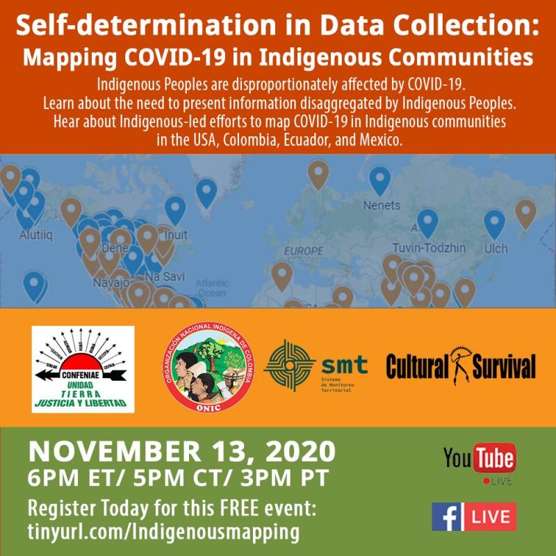 This image shows a map of the world and an orange background. Text reads "Self Determination in Data Collection: Mapping COVID in Indigenous Communities"